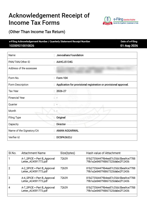 80G Tax Exemption Certificate - Jeev Sahara Foundation